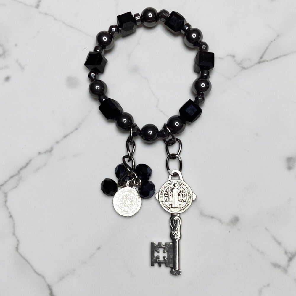 Hematite St Benedict Medal Key Charm Stretch Beaded Bracelet Black Gunmetal